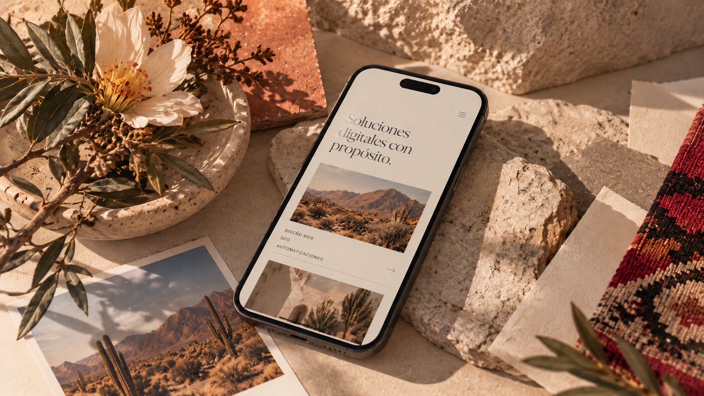 Móvil con una web diseñada por Killa entre piedras y flores del desierto